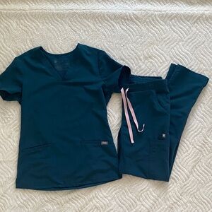 Figs Dark Teal Scrub Set with Light Pink Accent